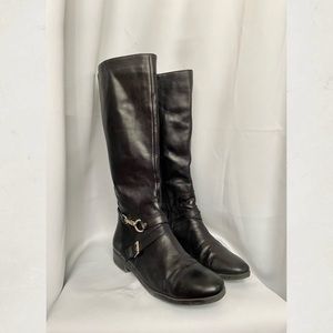 Tommy Hilfiger Leather Riding Boots With Gold Buckle Detail
